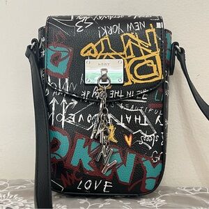DKNY Black Faux Leather Graffiti Cleo North/South Phone Crossbody Bag Streetwear